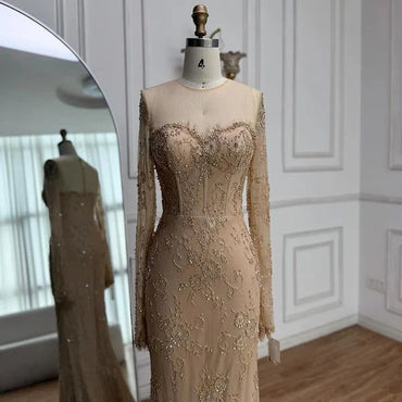 Shiny Gold Long Sleeve Mermaid Lace Applique Long Prom Dress Ideas, Evening Party Dresses,WGP1686