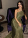 Elegant Green One-Shoulder Mermaid Side Slit Long Prom Dress Ideas, Evening Party Dresses,WGP1609
