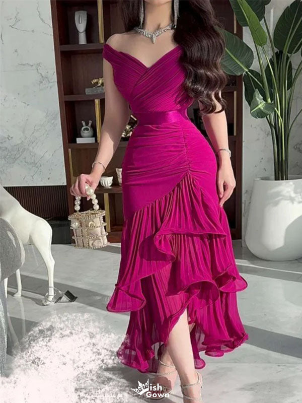 Elegant Pink Off-Shoulder Mermaid Long Prom Dress Ideas, Evening Party Dresses,WGP1764