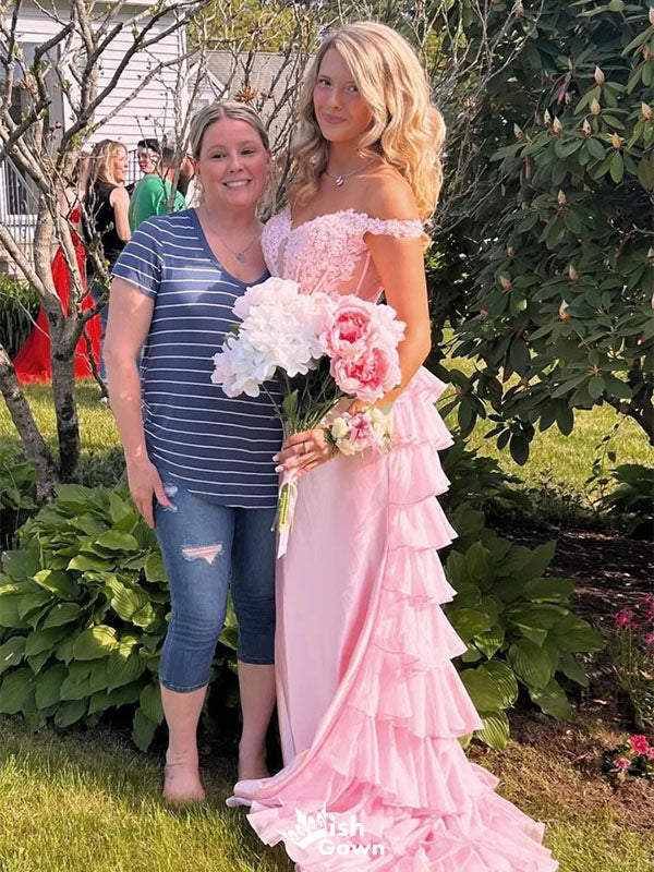 Elegant Floral Pink Off Shoulder Mermaid Long Prom Dress Ideas, Evening Party Dresses, WGP2038