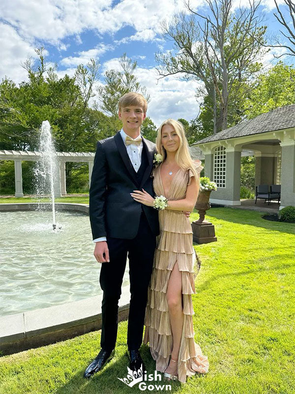 Elegant Champagne V-Neck Mermaid Long Prom Dress Ideas, Evening Party Dresses,WGP1843