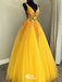 Gorgeous Yellow A-Line V-Neck Lace Popular Long Evening Dresses, Formal Dresses, Birthday Party, WGP591