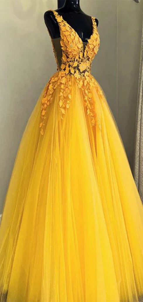 Gorgeous Yellow A-Line V-Neck Lace Popular Long Evening Dresses, Formal Dresses, Birthday Party, WGP591