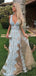 Unique Blue A-Line V-Neck Lace Popular Long Evening Dresses, Formal Dresses, Birthday Party, WGP593