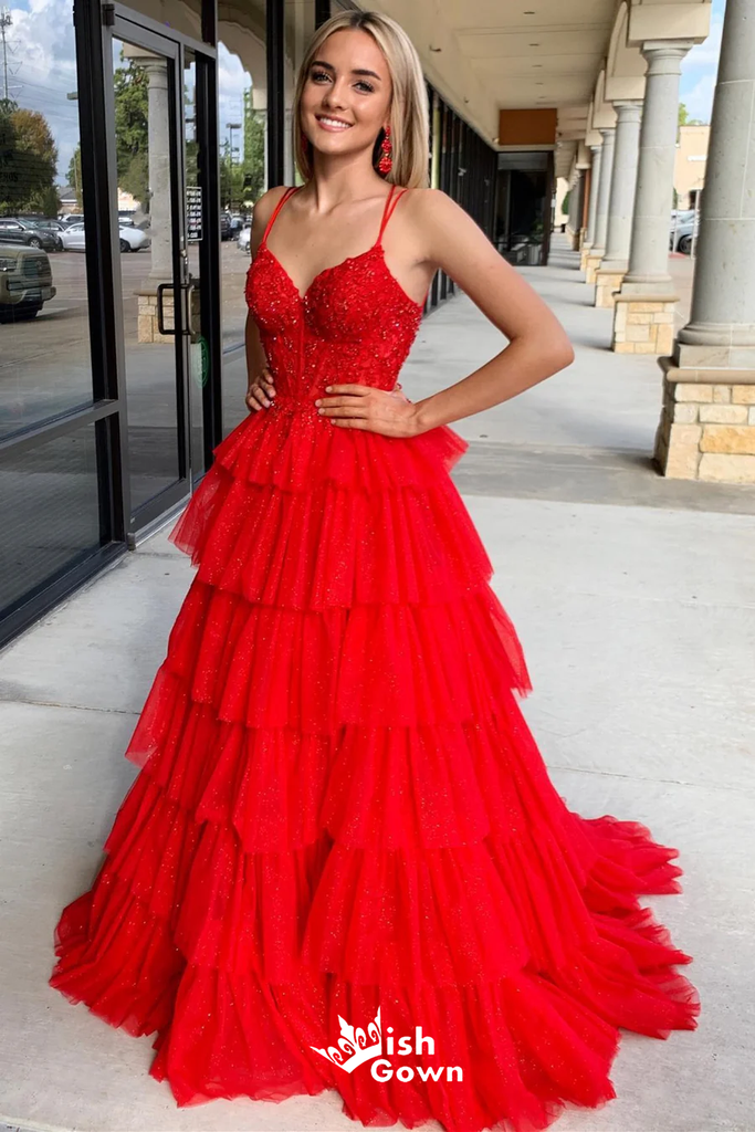 Sexy Spaghetti Straps Red Sweetheart Beaded Tiered A-line Long Party Dress Prom Dresses,Evening Dress Online, WGP903