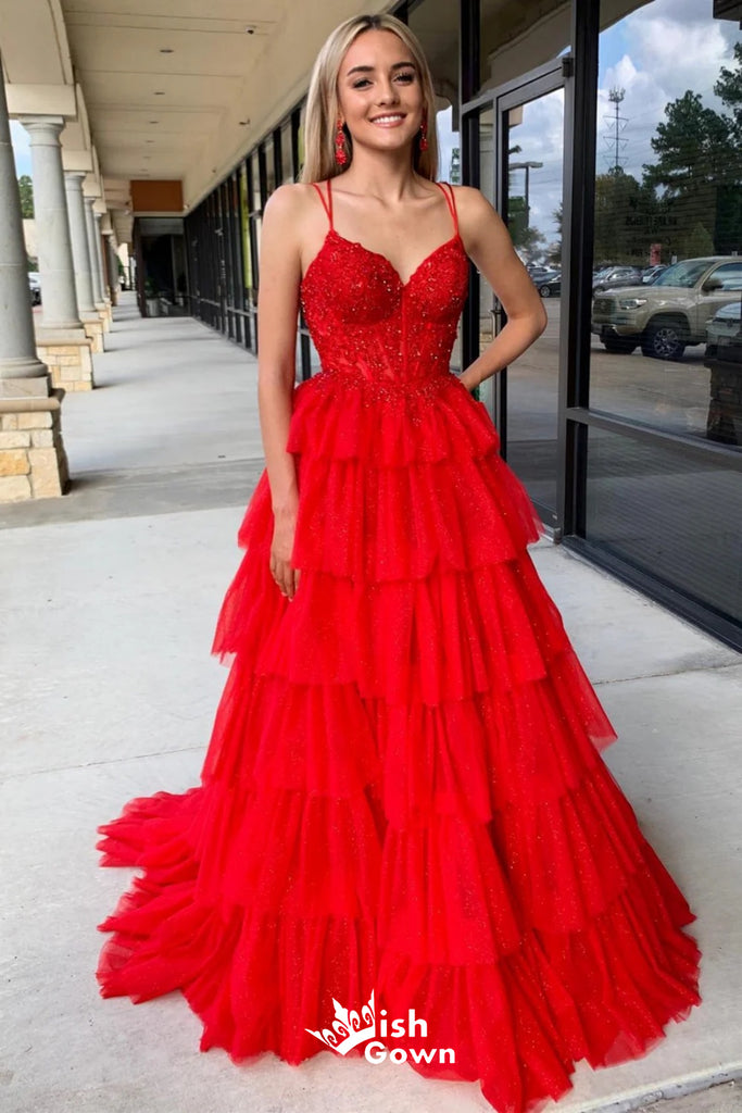 Sexy Spaghetti Straps Red Sweetheart Beaded Tiered A-line Long Party Dress Prom Dresses,Evening Dress Online, WGP903