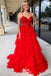 Sexy Spaghetti Straps Red Sweetheart Beaded Tiered A-line Long Party Dress Prom Dresses,Evening Dress Online, WGP903