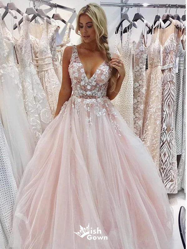 Elegant Pink A-Line V-Neck Lace Popular Long Evening Dresses, Formal Dresses, Birthday Party, WGP592