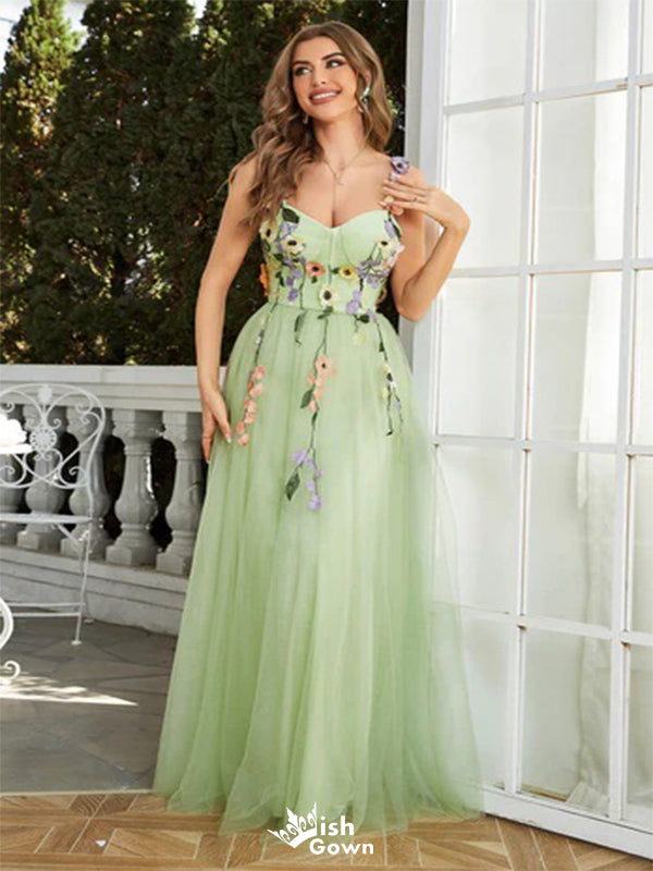 Floral Green A-Line V Neck Spaghetti Straps Appliques Long Prom Gowns,Evening Dresses,WGP322