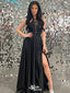 Sexy Black A-Line Halter Side Slit Long Evening Dresses, Formal Dresses, Birthday Party, WGP537