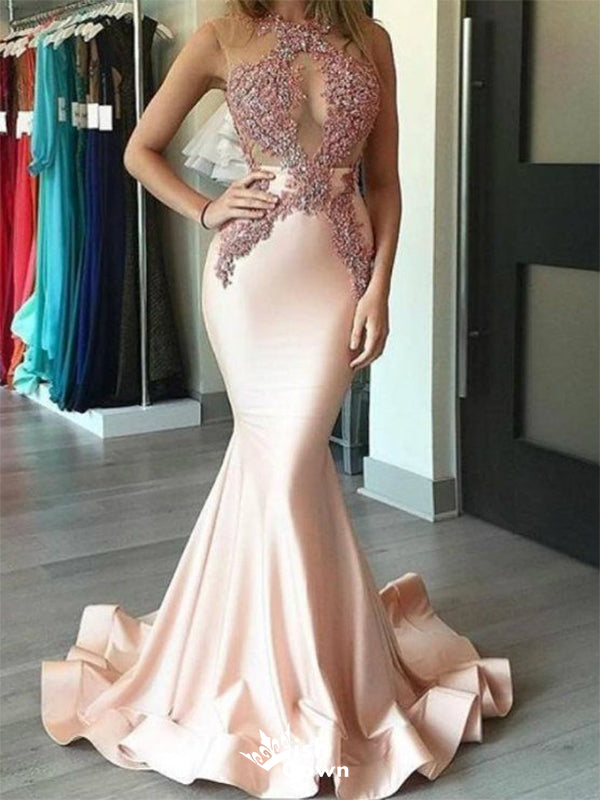 Elegant Pink Mermaid Jewel Lace Popular Long Evening Dresses, Formal Dresses, Birthday Party, WGP597