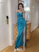 Sexy Blue Spaghetti Straps Side Slit Mermaid Long Party Dress Prom Dresses ,WGP1026