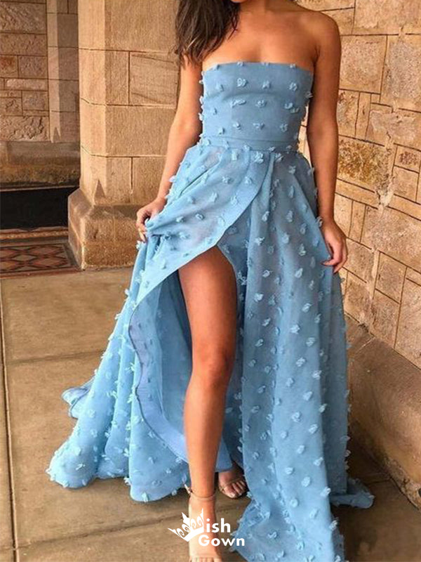 Elegant Baby Blue A-Line Strapless Side Slit Popular Long Evening Dresses, Formal Dresses, Birthday Party, WGP613