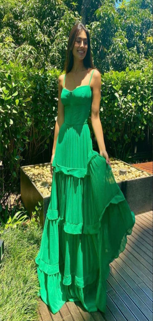 Elegant Emerald Green A-Line Sweetheart Spaghetti Straps Ruffle Maxi Long Party Prom Gowns,Evening Dresses,WGP385