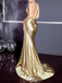 Stunning Gold Spaghetti Straps V Neck Mermaid Long Prom Dresses,WGP1037