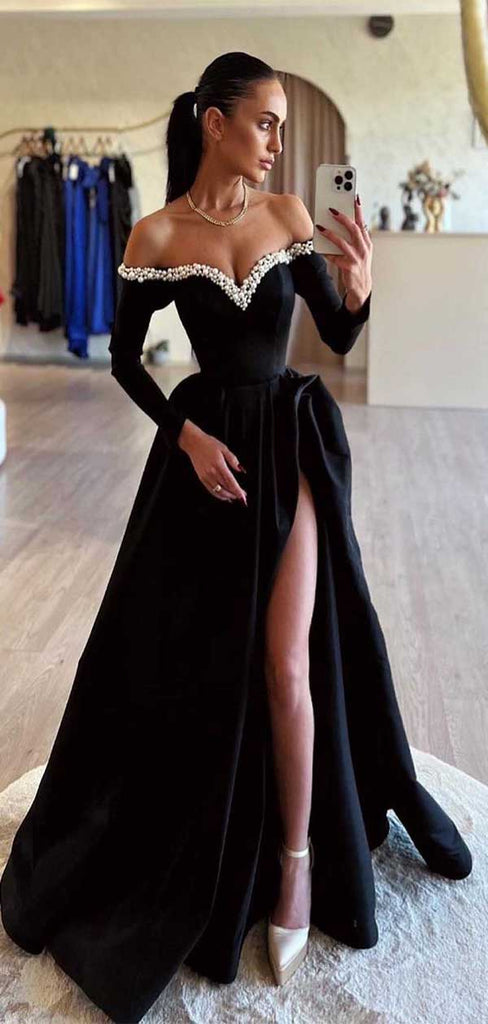 Sexy Black A-Line V Neck Side Slit Beading Long Maxi Prom Dresses,Evening Gowns,WGP374