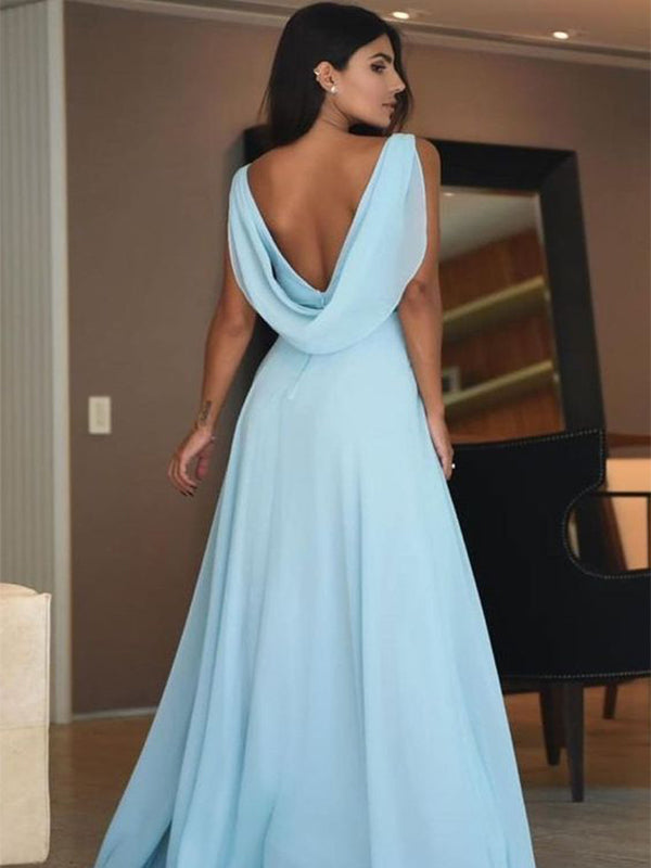 Elegant Baby Blue V-Neck A-Line Side Slit Popular Long Evening Dresses, Formal Dresses, Birthday Party, WGP624