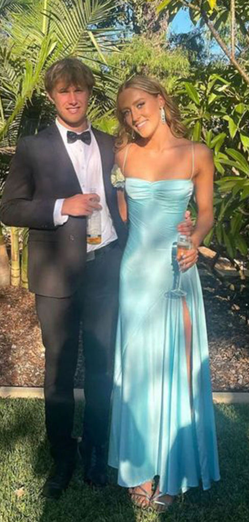 Elegant Blue Spaghetti Strap Side Slit Mermaid Long Prom Dress Ideas, Evening Party Dresses,WGP1678