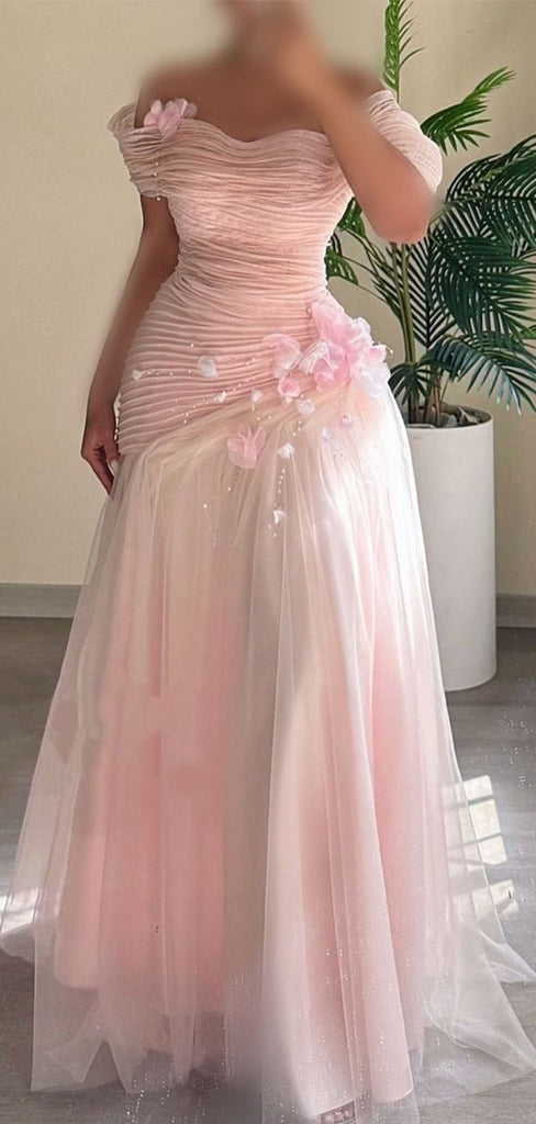 Elegant Pink Off-Shoulder A-Line Long Prom Dress Ideas, Evening Party Dresses,WGP1837
