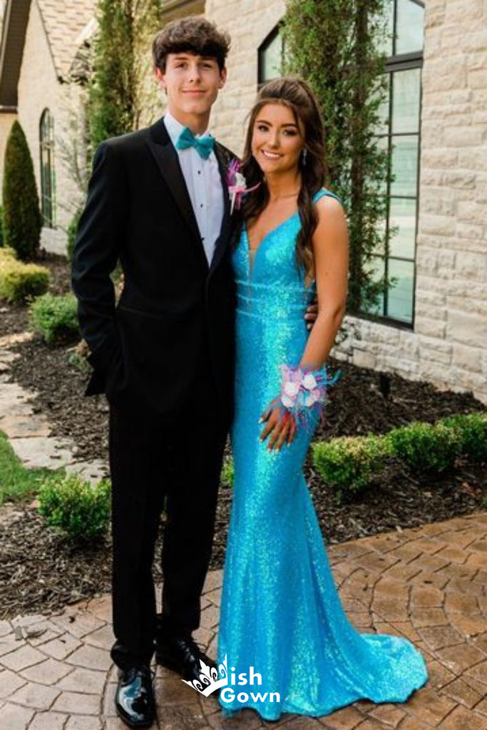 Shiny Blue Plunging Mermaid Long Party Dress Prom Dresses,Evening Dress Online, WGP908