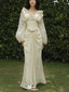 Unique Floral White V-Neck Long Sleeve Long Prom Dress Ideas, Evening Party Dresses,WGP1816