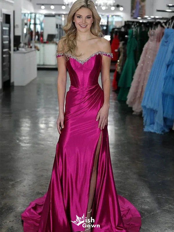 Sexy Pink Off-Shoulder Mermaid Long Prom Dress Ideas, Evening Party Dresses,WGP1928