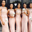 Elegant Pink Lace One-Shoulder Sleeveless Mermaid Long Bridesmaid Dresses Online, WGM427