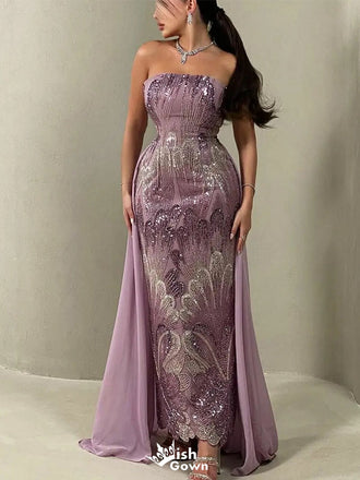Sparkly Purple Sweetheart Applique Long Sleeve Mermaid Long Prom Dress Ideas, Evening Party Dresses,WGP1755