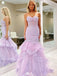 Fancy Lavender Lace Mermaid Prom Gown Strapless Tiered Formal Dress,WGP2132