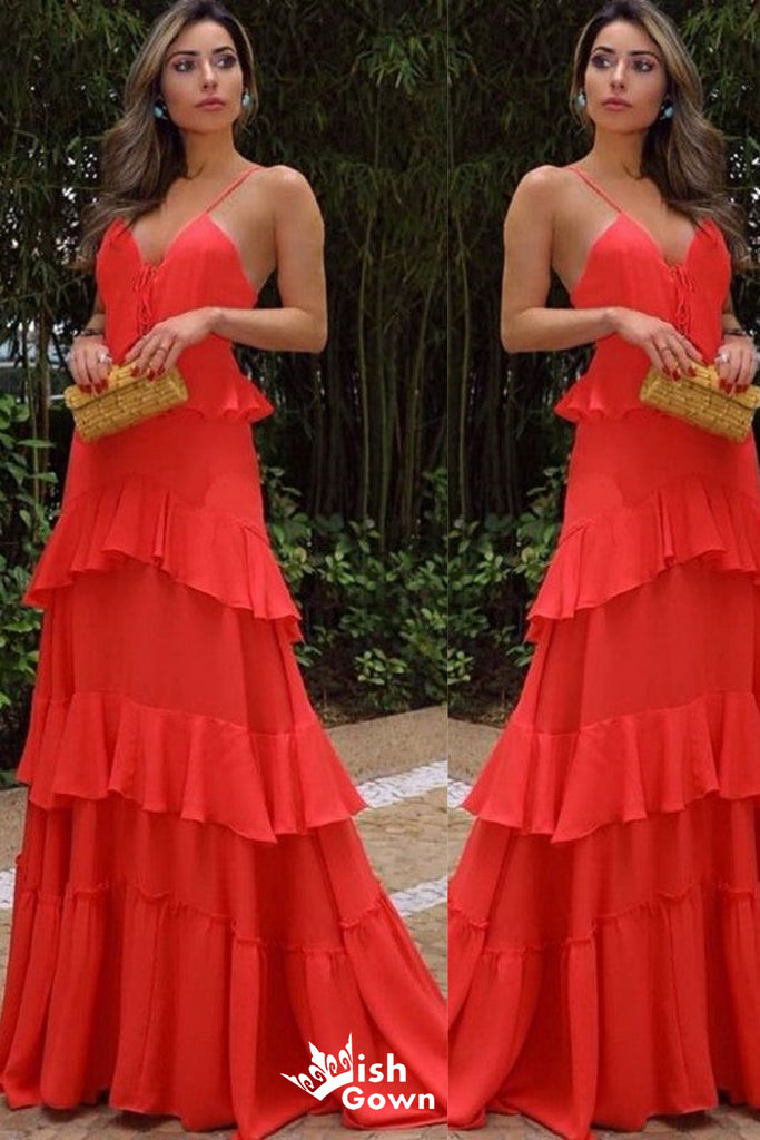 Elegant Red Spaghetti Straps V Neck A-line Long Party Dress Prom Dresses, WGP974