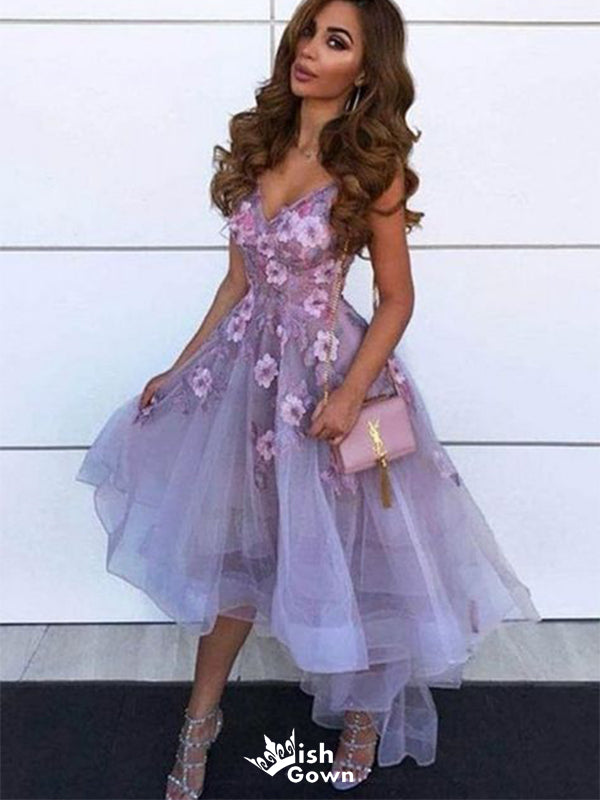 Elegant Purple A-Line Spaghetti Strap Flower Lace Popular Long Evening Dresses, Formal Dresses, Birthday Party, WGP640