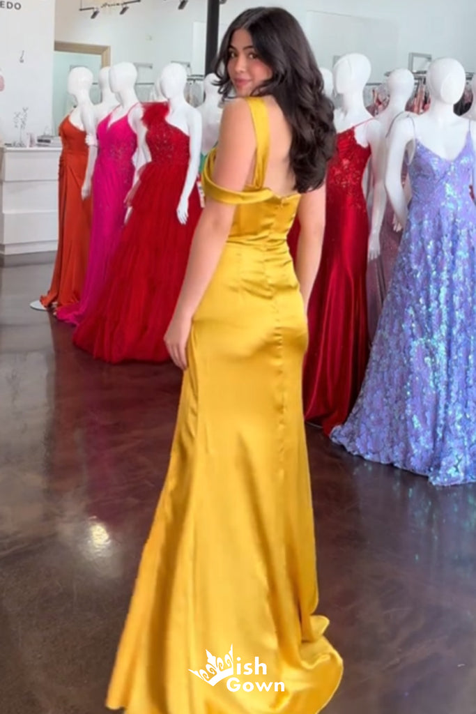 Sexy Gold One Shoulder Side Slit Mermaid Long Prom Dresses ,WGP1045