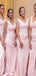 Simple Pink Mermaid V-Neck Side Slit Sleeveless Wedding Guest Bridesmaid Dresses,WGM347