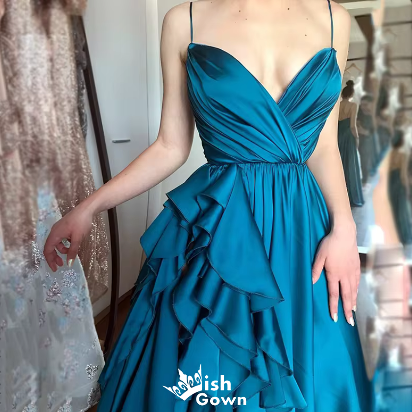 Gorgeous Spaghetti Straps V Neck Blue Satin Side Slit A-line Long Prom Dresses ,WGP1053