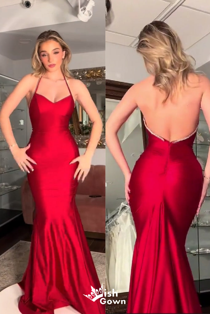 Gorgeous Red Halter Mermaid Beaded Long Prom Dresses ,WGP1055