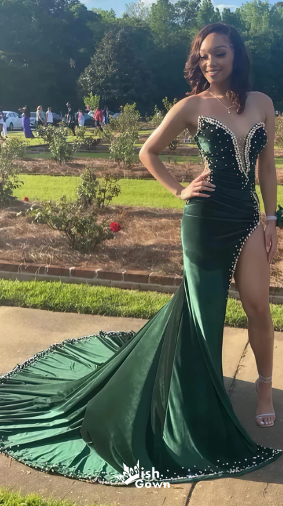 Sexy Green Velvet Strapless Beaded Mermaid Long Prom Dresses with Trailing ,WGP1059