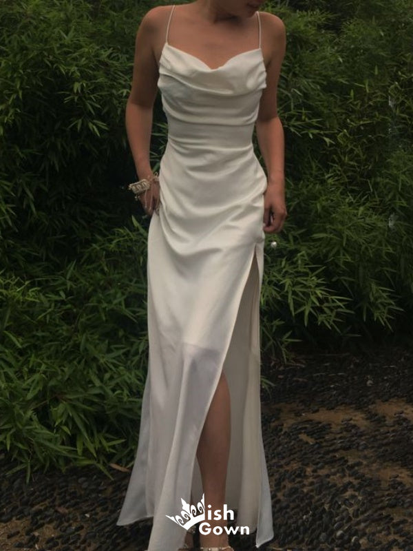 Stylish Ivory Spaghetti Straps Satin Side Slit Sheath Long Prom Dresses ,WGP1063