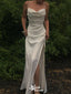 Stylish Ivory Spaghetti Straps Satin Side Slit Sheath Long Prom Dresses ,WGP1063