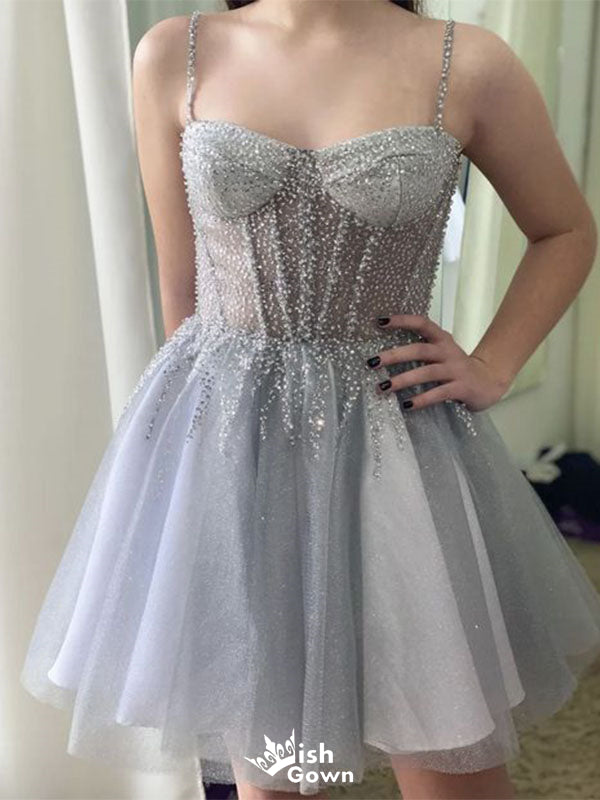 Elegant Gray Spaghetti Strap Lace Sleeveless Popular Cheap Short Homecoming Dresses, Birthday Party EPT213