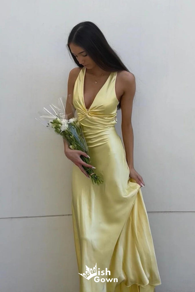 Elegant Yellow V Neck Stylish Back Design Sheath Long Prom Dresses ,WGP1066