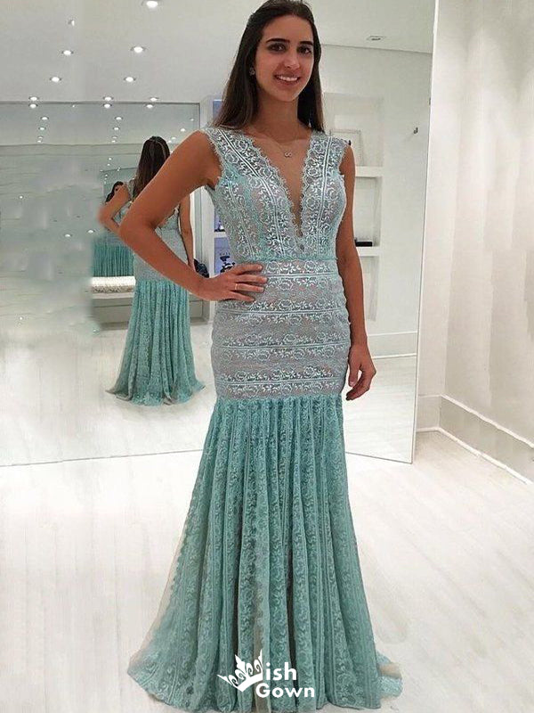 Elegant Green V-Neck Mermaid Popular Long Evening Dresses, Formal Dresses, Birthday Party, WGP637