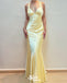 Sexy Mermaid Pale Yellow V Neck Satin Long Prom Dresses ,WGP1069