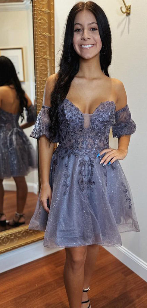 Elegant Purple Off-Shoulder Lace Sleeveless Popular Cheap Short Homecoming Dresses, Birthday Party EPT219