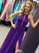 Elegant Purple A-Line Halter Side Slit Long Sleeve Popular Long Evening Dresses, Formal Dresses, Birthday Party, WGP652