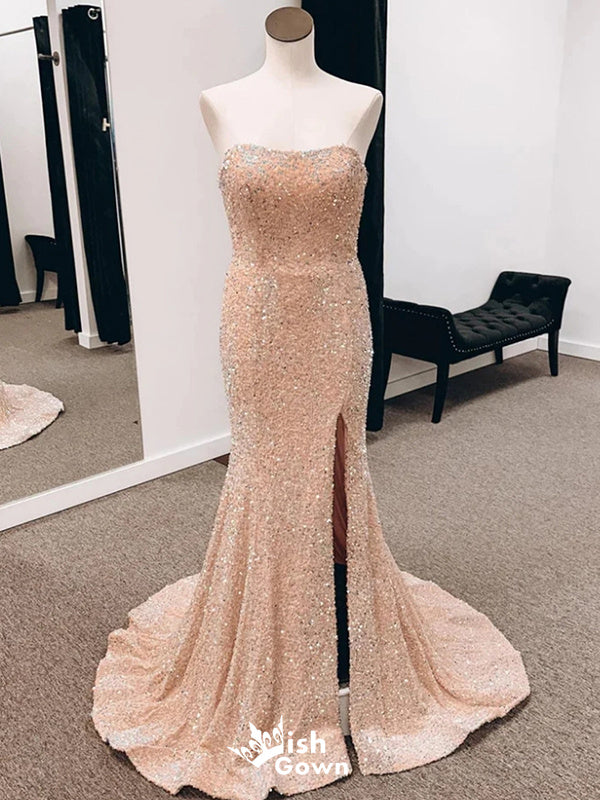 Shiny Light Orange Strapless Open Back Mermaid Long Party Dress Prom Dresses,Evening Dress Online, WGP887