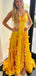 Elegant Yellow Spaghetti Strap A-Line Side Slit Long Sleeve Popular Long Evening Dresses, Formal Dresses, Birthday Party, WGP660