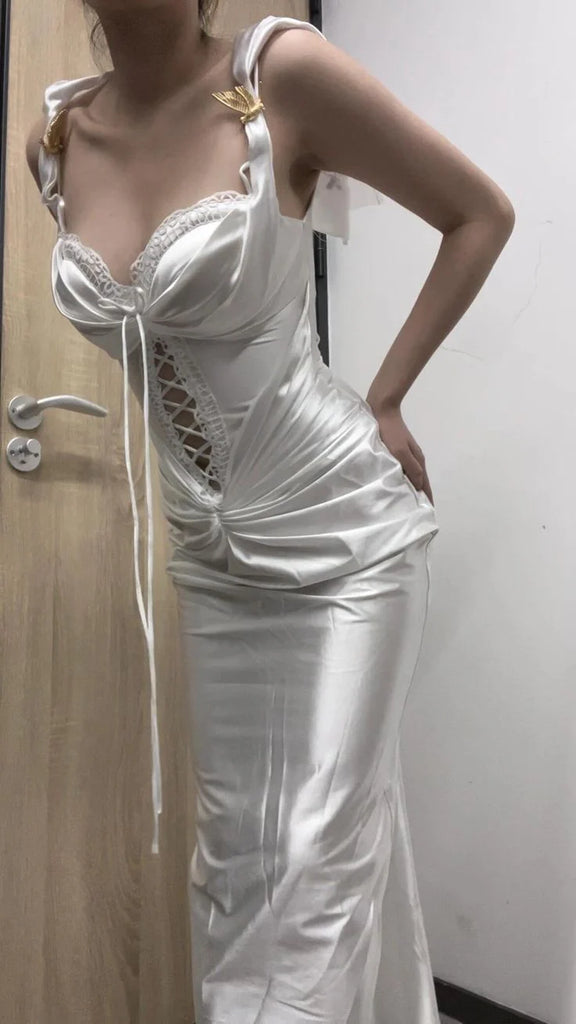 Elegant White Spaghetti Strap Mermaid Long Prom Dress Ideas, Evening Party Dresses,WGP1779