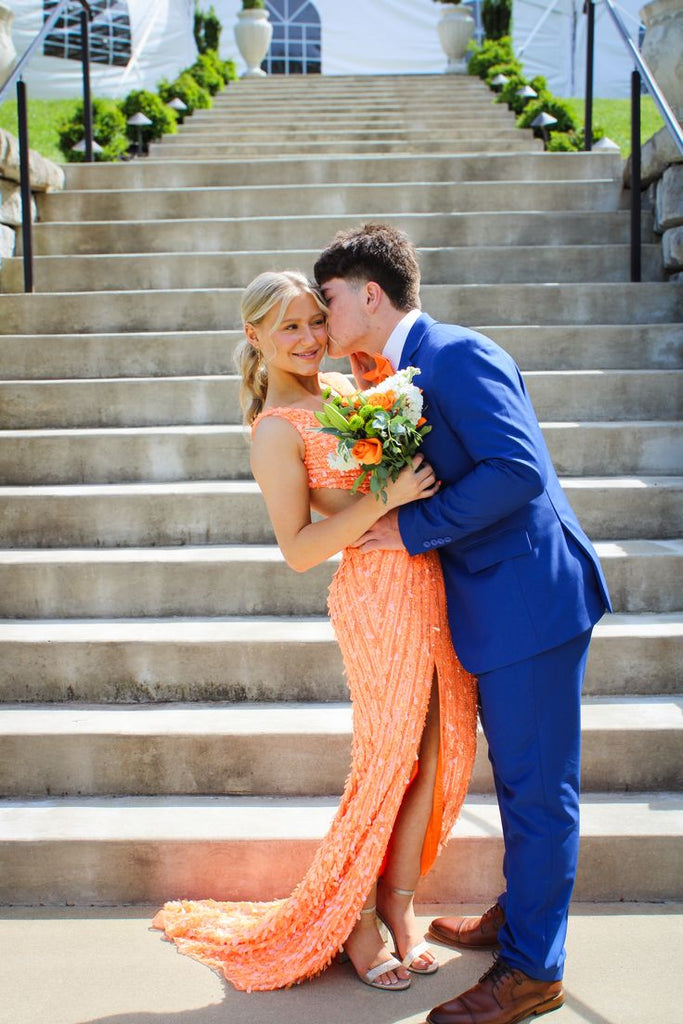 Elegant Orange V-Neck Mermaid Side Slit Long Prom Dress Ideas, Evening Party Dresses,WGP1803