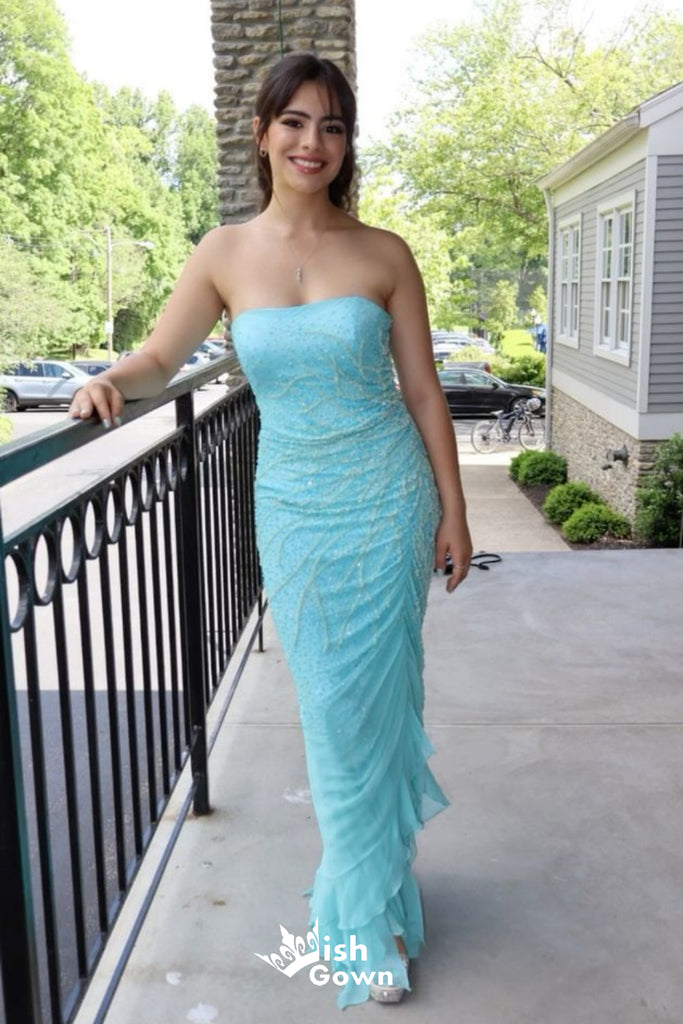 Stylish Light Blue Strapless Straight Neck Mermaid Long Party Dress Prom Dresses,Evening Dress Online, WGP909