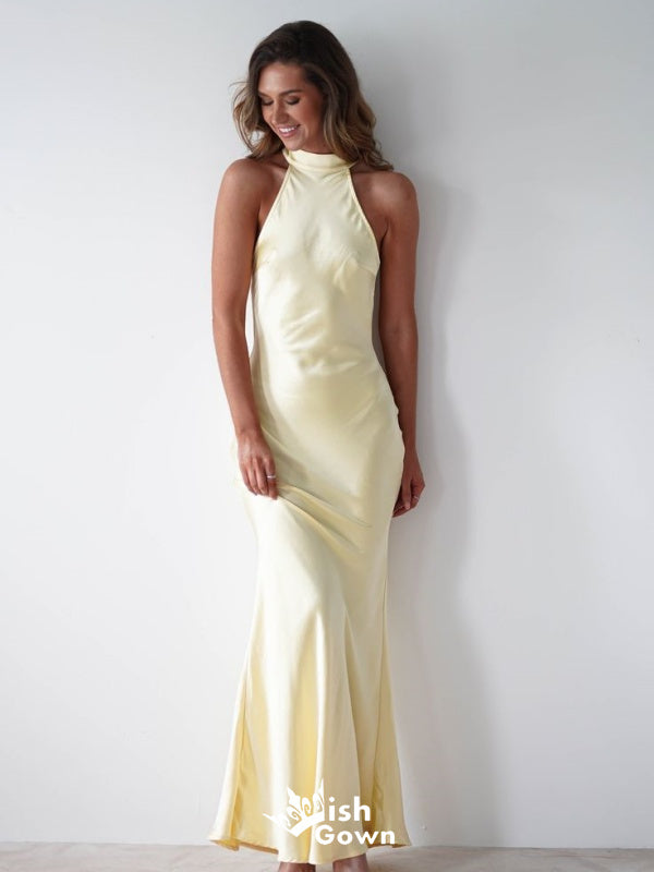 Elegant Halter Pale Yellow Mermaid Satin Long Prom Dresses ,WGP1076